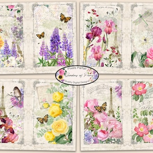 Junk journal kit GARDENS OF PARIS, vintage shabby chic flower designs, floral ephemera also for scrapbook, collage