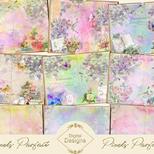 Digital junk journal pages, vintage Colette&#39;s Flower Garden, French ephemera, shabby chic papers for scrapbook, collage, embellishments