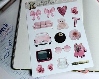 Hoja de pegatinas para diario basura, pegatinas para portada de diario, pegatinas troqueladas, suministros para diario basura, pegatinas de vinilo, estética rosa y bonita.