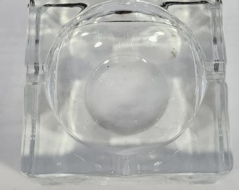 Vintage MCM Art Deco Heavy Square Clear Glass Ashtray 4 rests 3.75" EXC COND