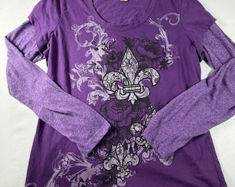 Appropriate Behavior Fleur-de-Lis Long Sleeve Pullover Top Purple Size XL