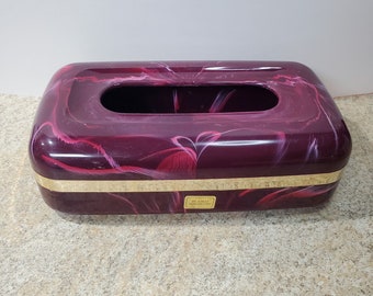 Tissue box cover holder purple red pink swirl acrylic 22 k gold plated trim lid