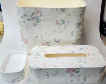 Vintage 3 pc acrylic bathroom accessory set waste basket tissue box soap dish