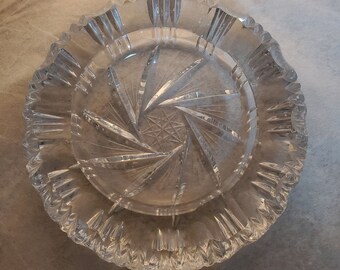 Vintage MCM Art Deco Clear Cut Glass Crystal Cigar Ashtray 7" 3 Rests 4.8 lbs