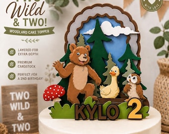 Little Bear Woodland Cake Topper Personalized Name and Age Forest Animals Birthday Decoration Layered Bear Owl Duck Trees Second Birthday Pa