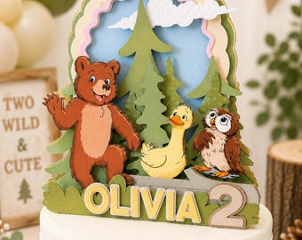 Décoration de gâteau « Petit Ours des Bois » personnalisée avec nom et âge, animaux de la forêt, ours, hibou, canard, arbres, deuxième anniversaire