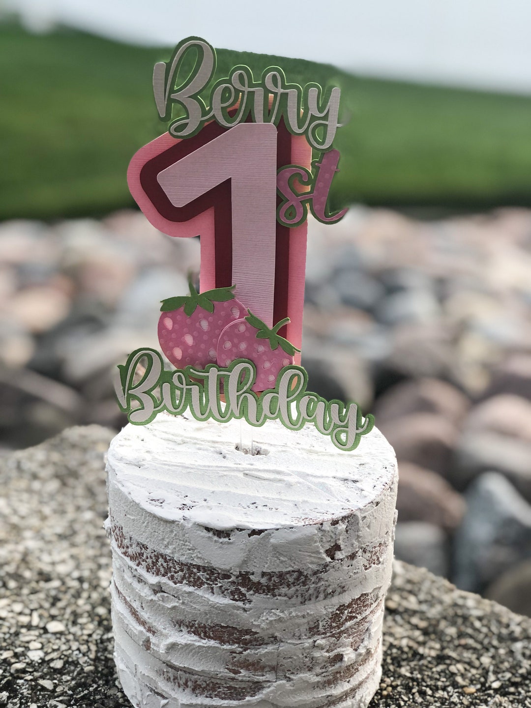 Strawberry 1st Birthday Cake Topper - Little Princess Daisy & Berry Decor, Bohemian Style First Birthday Smash Photo Prop - View #4