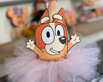 Bingo Birthday Party Hat: Bluey Theme, Tulle Pom