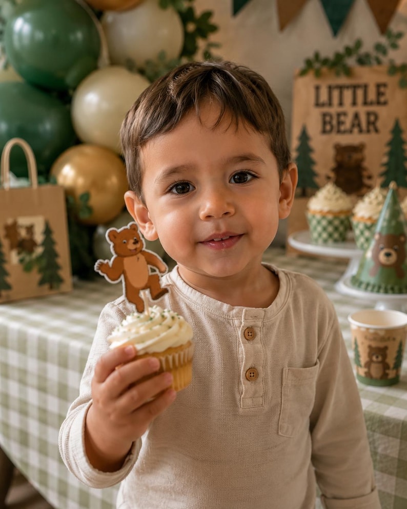 Little Bear Cupcake Topper Set | Birthday Cupcake Toppers | Little Bear Party Decorations | Woodland Animal Cupcake Picks Set of 15 image 8