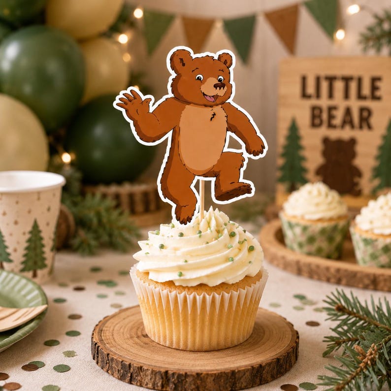 Little Bear Cupcake Topper Set | Birthday Cupcake Toppers | Little Bear Party Decorations | Woodland Animal Cupcake Picks Set of 15 image 7