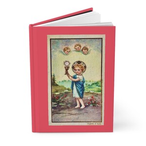 Kind Jezus en de Eucharistie Katholieke Dagboek, Hardcover, Matte Laminaat, Koraal Kleur, Vintage jaren 1930 Heilige Kaart Afbeelding, Aanbidding Journal