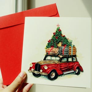 Tarjeta de quilling para coche navideño / Tarjeta hecha a mano / Tarjeta navideña / Tarjeta de felicitación de quilling / Tarjeta de felicitación hecha a mano / Tarjeta de felicitación