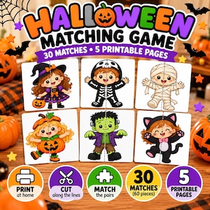 Może przedstawiać: Gra w dopasowywanie na Halloween z 30 parami i 5 stronami do druku. Karty zawierają rysunkowe ilustracje czarownicy, szkieletu, mumii, dyni, potwora i czarnego kota wraz z instrukcjami dotyczącymi drukowania i wycinania elementów gry.