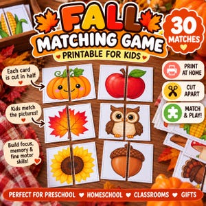 Puede incluir: Un juego de emparejamiento otoñal imprimible para niños con 30 parejas. El juego incluye tarjetas con ilustraciones de calabazas, manzanas, hojas, búhos, girasoles y bellotas. El texto incluye Fall Matching Game, 30 Matches, Print at Home, Cut Apart y Match & Play.