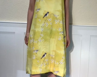 Women’s Misslook yellow dress with white flowers and grey and white birds