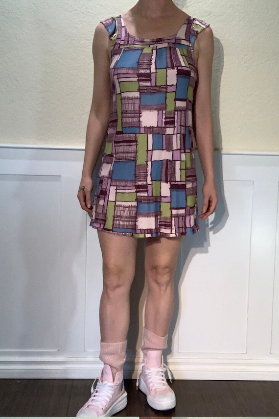 Women’s, homemade graphic dress purple,green, and 