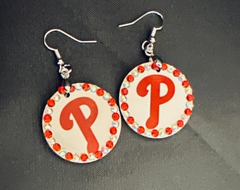 Philadelphia Phillies Wood Earrings. Light weight. Wood. Double sided. Rhinestone. Phillies. Phillies earrings. Philadelphia Phillies