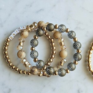 Customizable Bracelet Stack/ Green/ Tan/ Gold/ Boy Mom/ Keep Going Mantra Stack