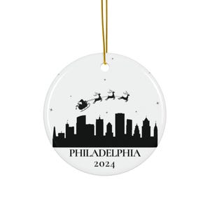 Philadelphia Christmas Ornament Santa Claus Reindeer Over Philly Christmas Gift Tree Ceramic Housewarming Gift for Philadelphian