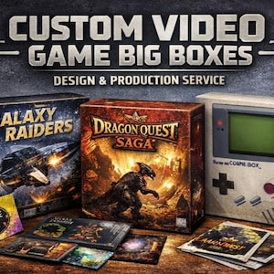 May include: Image features custom video game big boxes. The boxes include "Galaxy Raiders" and "Dragon Quest Saga" designs, along with a retro-style game console box. Additional game cards and an "Exclusive Service" card are also present.
