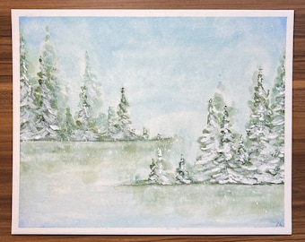 Winter Lake Snowy Forest Landscape Watercolor Original 8" x 10"