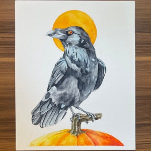 Raven/Crow Pumpkin Fall Autumn Halloween Bird Watercolor Original 8&quot; x 10&quot;