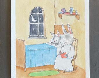 Nursery Bedroom Nighttime Bunny Rabbit Original 5” x 7” Watercolor Illustration