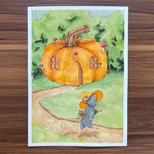 Fall Halloween Witch Mouse with a Pumpkin Mushroom House Autumn Original Watercolor Illustration 5&#39;&#39; x 7&#39;&#39;
