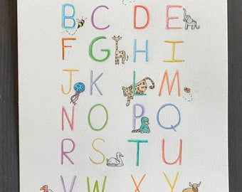 Animal Themed School Alphabet 8” x 10” Original Watercolor