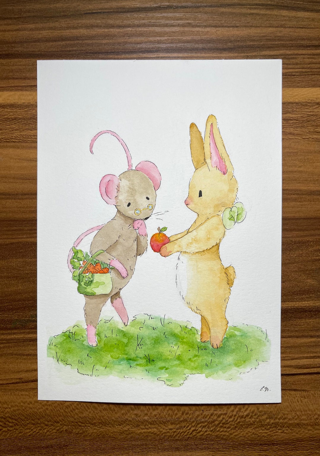 Rabbit and Mouse Animal Cartoon Watercolor and Ink Illustration ...