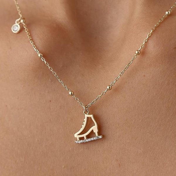 14K Gold Ice Skating Necklace, Dainty Necklace, 14K Gold Ice Skating Necklace, Ice Skating Pendant, Christmas Gift, Gift For Her BEST SELLER