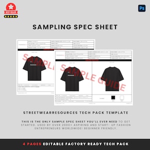 May include: A digital template titled "SAMPLING SPEC SHEET" with a "BEST SELLER" badge. The template includes images of black t-shirts and text. The text reads "STREETWEARRESOURCES TECH PACK TEMPLATE" and "4 PAGES EDITABLE FACTORY READY TECH PACK".