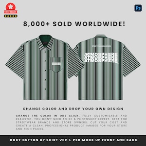 Puede incluir: Maqueta de camisa de manga corta a rayas verdes y blancas. La vista frontal muestra un bolsillo y un diseño abotonado. La vista posterior muestra el texto "ATMOSPHERE" en blanco. La imagen también incluye el texto "¡MÁS DE 8.000 VENDIDOS EN TODO EL MUNDO!" y "MÁS VENDIDO".