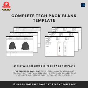Peut inclure: Un modèle de tech pack gris avec le texte "COMPLETE TECH PACK BLANK TEMPLATE" et "STREETWEARRESOURCES TECH PACK TEMPLATE". Le modèle comprend des pages avec des illustrations de sweat à capuche et des sections pour entrer des logos. Le texte "15 PAGES EDITABLE FACTORY READY TECH PACK" est également visible.