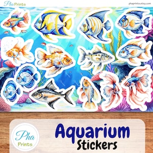 水槽の魚のステッカー、印刷可能な熱帯魚のラベル 2 枚セット、水彩イラスト、すぐに印刷できるスクラップブッキング ジャンク ジャーナル