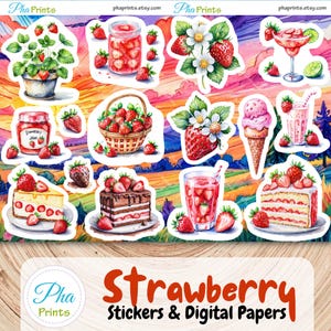 Strawberry Stickers and Digital Papers, Print Labels, scrap booking, seamless pattern, textile design, junk journal, watercolor illustration