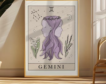 Lámina artística del zodiaco Géminis: Arte mural imprimible inspirado en la astrología del tarot