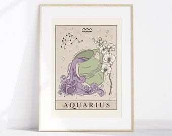 May include: A beige background with a light green pitcher pouring purple liquid. The pitcher is surrounded by white flowers and a constellation of stars. The text "AQUARIUS" is printed below the pitcher.