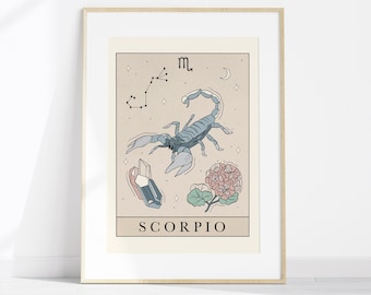 Pode incluir: Um cartão ilustrado bege com um escorpião azul, uma constelação, uma lua crescente, um cristal e uma flor rosa. O cartão diz "Scorpio" e "m" no canto superior direito.