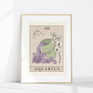 Aquarius Zodiac Art Print: Tarot Geïnspireerd Astrologie Afdrukbare Kunst aan de Muur, Boho Stijl Wanddecoratie, Tarot Kaarten Kunst, Boho Kunst Prints