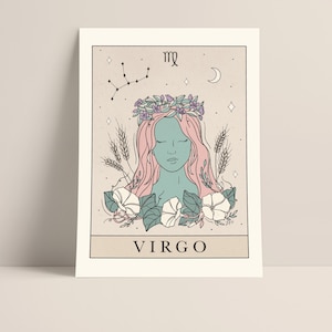 Virgo Zodiac Art Print: Tarot Inspired Astrology Printable Wall Art, Boho Style Wall Decor, Tarot Cards Art, Bohemian Art Prints