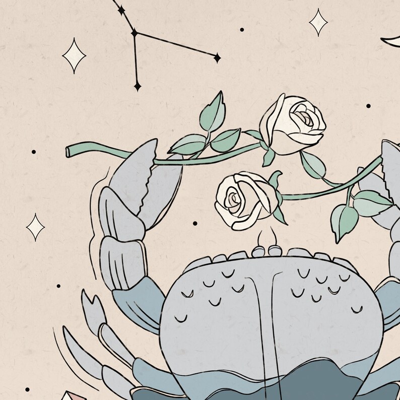 May include: A blue crab illustration with a white rose vine wrapped around its claws. The background is a light beige with a constellation of stars.