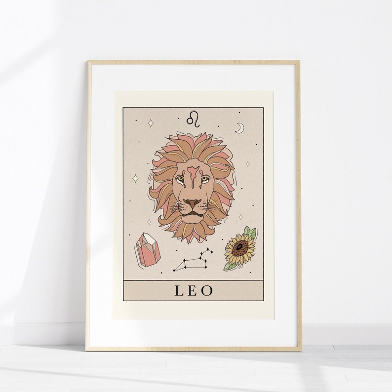 May include: A beige and brown illustration of the Leo zodiac sign with a lion's head, a crystal, a sunflower, and the constellation Leo. The text "LEO" is below the illustration.