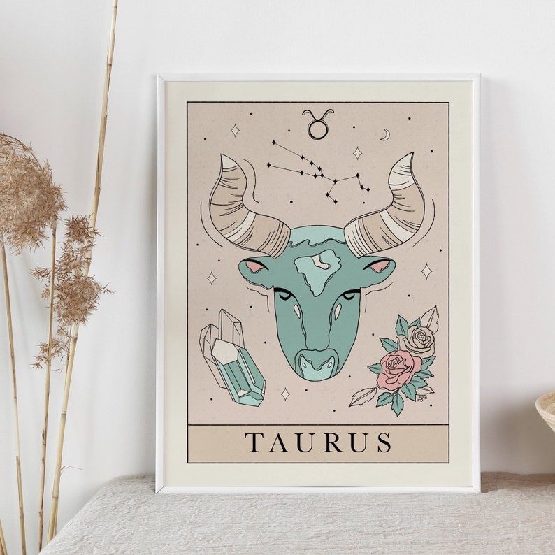 May include: A minimalist illustration of the Taurus zodiac sign with a bull's head, constellation, crystals, and roses on a beige background. The text "TAURUS" is at the bottom of the image.
