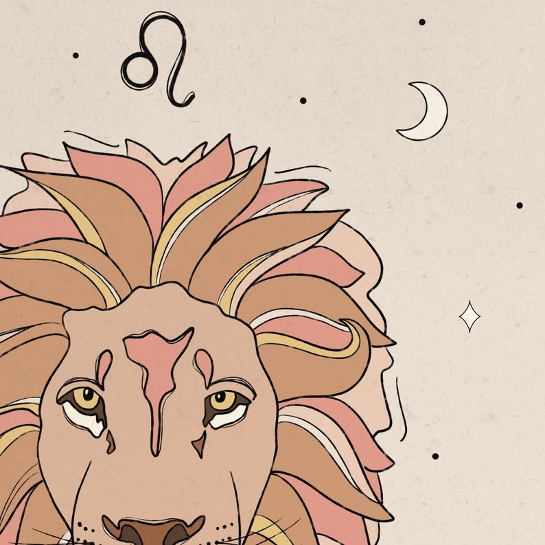 May include: A stylized illustration of a lion's head with a pink and brown mane. The lion's face is light pink with brown eyes and a black nose. The background is a light beige with a crescent moon and stars.