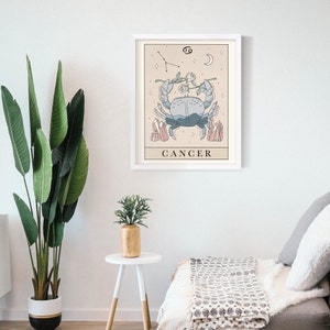 May include: A white framed print with a beige background featuring a blue crab with pink crystals and a white rose. The crab is holding a branch with two white roses. The text "CANCER" is below the crab and the symbol for Cancer is in the top right corner.