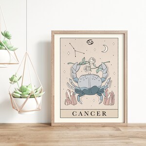 May include: A printable art print featuring a line drawing of the Cancer zodiac sign. The illustration depicts a blue crab with a rose stem and white roses. The constellation is shown in the upper left corner with the symbol for Cancer in the upper right corner. The text "CANCER" is printed below the crab.