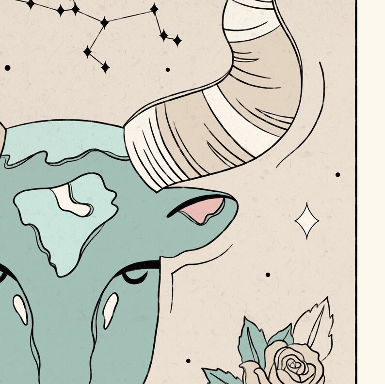 May include: A teal blue bull with a light brown horn and a pink ear. The bull is surrounded by a constellation of stars and a white rose with green leaves.