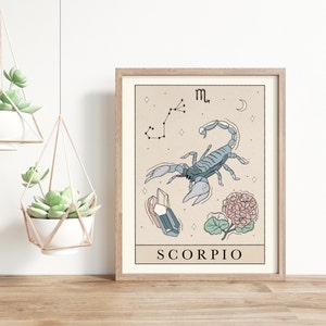Pu&ograve; includere: Una stampa d'arte stampabile beige con un'illustrazione di scorpione blu, una costellazione e la parola "SCORPIO".