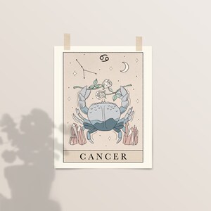 May include: A beige illustrated poster with a blue crab, a constellation, a crescent moon, and white roses. The poster has the text "CANCER" at the bottom.